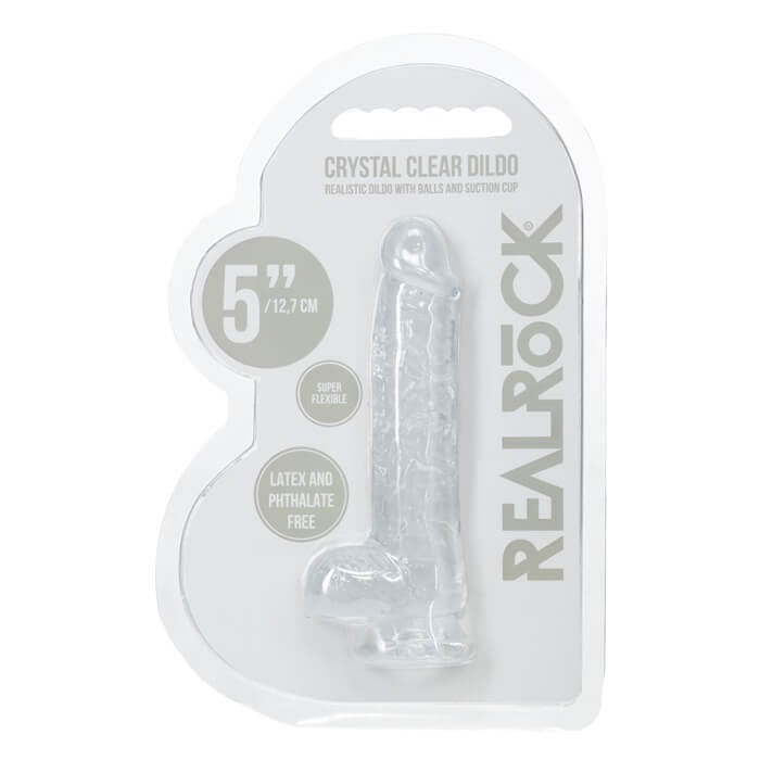 Realistyczne dildo żelowe RealRock 5 cali z jądrami w wersji transparentnej - opakowanie