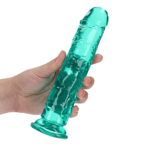 Realistyczne dildo żelowe RealRock 8 cali w kolorze turkusowym - ujęcie z dłonią