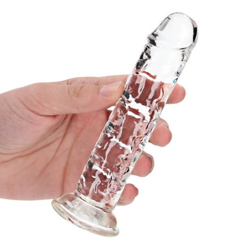 Realistyczne dildo żelowe RealRock 6 cali w wersji transparentnej - ujęcie z dłonią